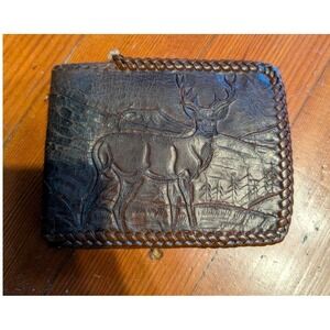 Vintage Tooled Leather Bifold Wallet Deer Elk Scene Whipstitch Brown Rustic NOTE